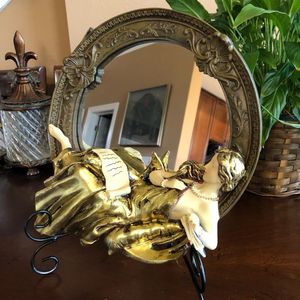 ART NOUVEAU - Retro Round Wall Mirror. Resin & Glass w/Draped Lady. Never Used!